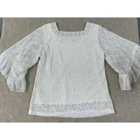 White House Black Market Lined White Lace Top Chiffon Ruffle Sleeves Sze S - Picture 2 of 16